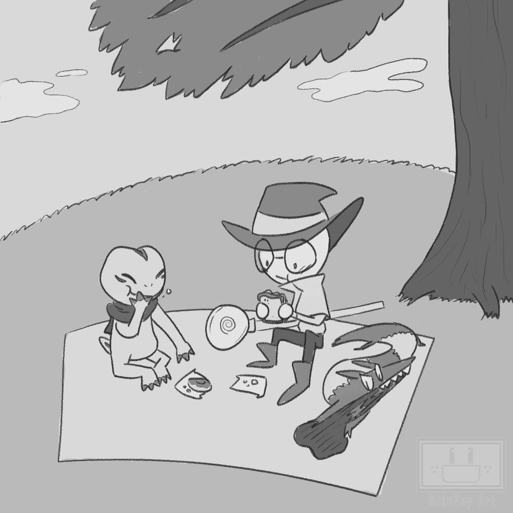 noddy, skott, and snakething share a picnic lunch